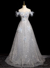 Blue Tulle Sequins Off the Shoulder Flower Prom Dress